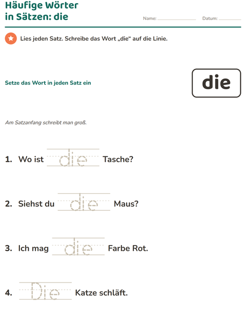 Vorschau: Lernwörter-Arbeitsblatt für Kindergarten