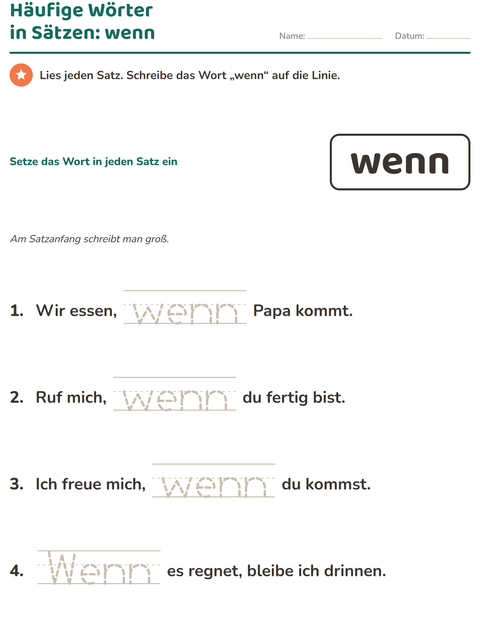 Vorschau: Lernwörter-Arbeitsblatt für Kindergarten