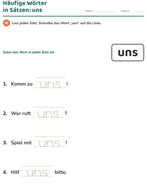 Vorschau: Lernwörter-Arbeitsblatt für Kindergarten