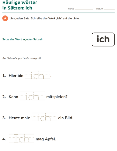 Vorschau: Lernwörter-Arbeitsblatt für Kindergarten