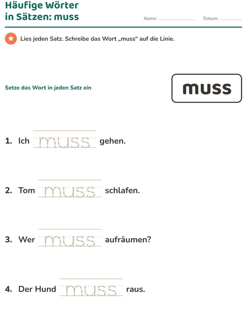 Vorschau: Lernwörter-Arbeitsblatt für Kindergarten
