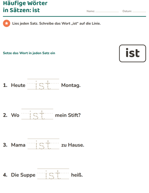 Vorschau: Lernwörter-Arbeitsblatt für Kindergarten