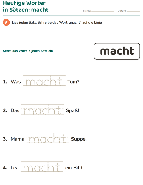 Vorschau: Lernwörter-Arbeitsblatt für Kindergarten