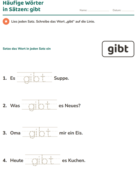 Vorschau: Lernwörter-Arbeitsblatt für Kindergarten