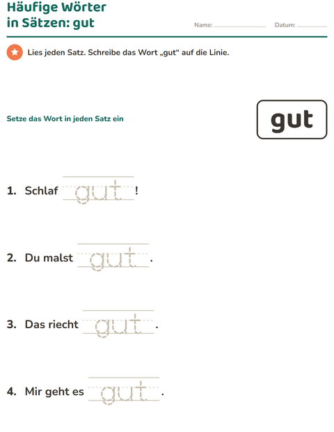 Vorschau: Lernwörter-Arbeitsblatt für Kindergarten