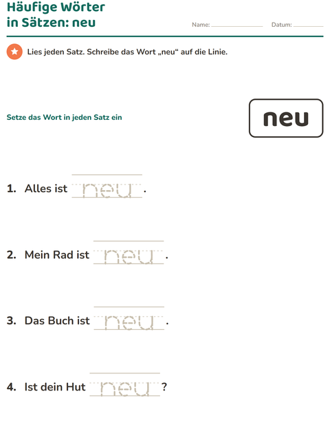 Vorschau: Lernwörter-Arbeitsblatt für Kindergarten