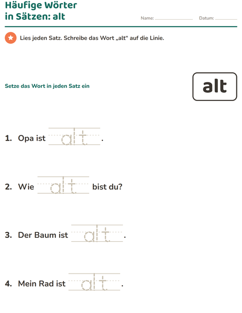 Vorschau: Lernwörter-Arbeitsblatt für Kindergarten