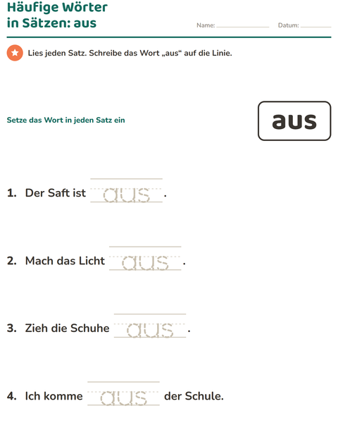 Vorschau: Lernwörter-Arbeitsblatt für Kindergarten