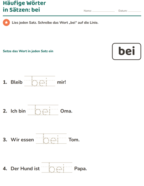 Vorschau: Lernwörter-Arbeitsblatt für Kindergarten