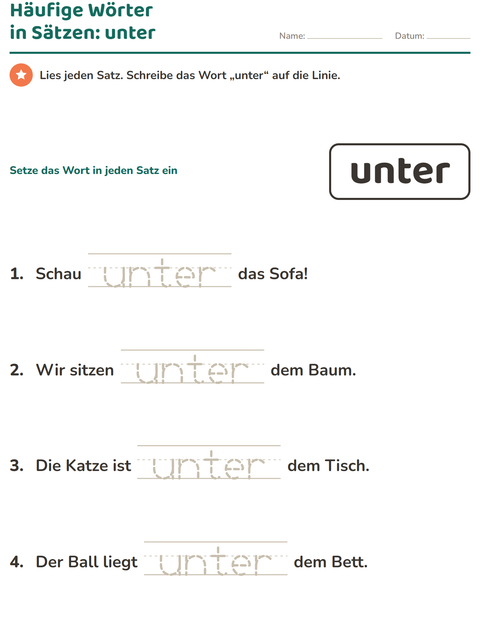 Vorschau: Lernwörter-Arbeitsblatt für Kindergarten