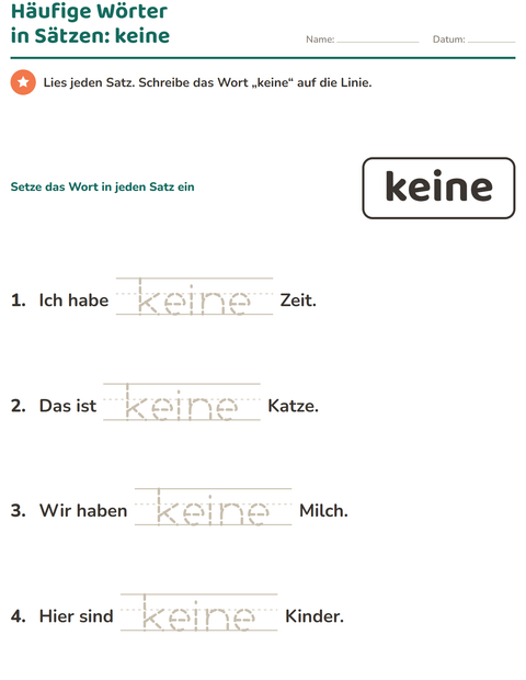Vorschau: Lernwörter-Arbeitsblatt für Kindergarten