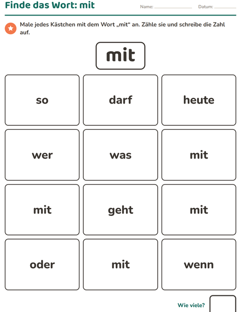 Vorschau: Lernwörter-Arbeitsblatt für Kindergarten