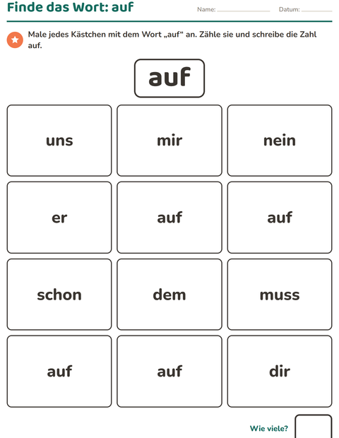 Vorschau: Lernwörter-Arbeitsblatt für Kindergarten