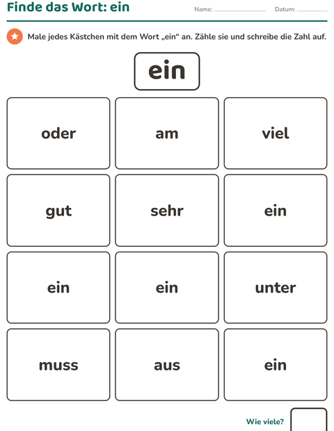 Vorschau: Lernwörter-Arbeitsblatt für Kindergarten