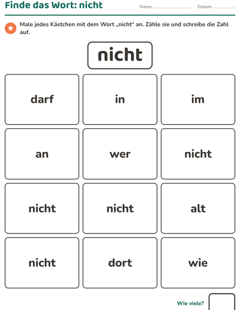 Vorschau: Lernwörter-Arbeitsblatt für Kindergarten
