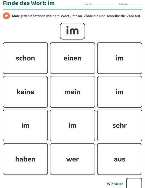 Vorschau: Lernwörter-Arbeitsblatt für Kindergarten