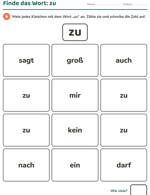 Vorschau: Lernwörter-Arbeitsblatt für Kindergarten