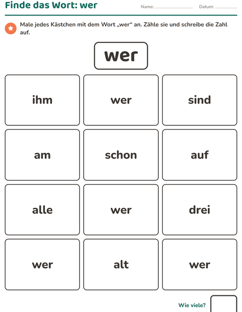 Vorschau: Lernwörter-Arbeitsblatt für Kindergarten