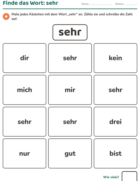 Vorschau: Lernwörter-Arbeitsblatt für Kindergarten