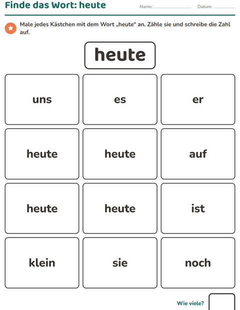 Vorschau: Lernwörter-Arbeitsblatt für Kindergarten