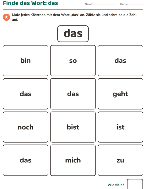Vorschau: Lernwörter-Arbeitsblatt für Kindergarten