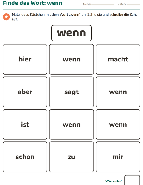 Vorschau: Lernwörter-Arbeitsblatt für Kindergarten