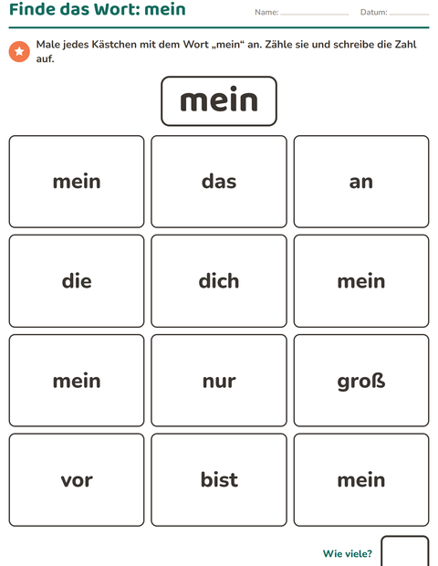 Vorschau: Lernwörter-Arbeitsblatt für Kindergarten