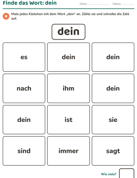 Vorschau: Lernwörter-Arbeitsblatt für Kindergarten