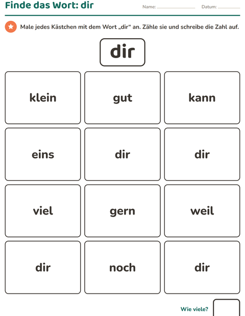 Vorschau: Lernwörter-Arbeitsblatt für Kindergarten