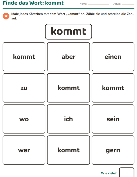 Vorschau: Lernwörter-Arbeitsblatt für Kindergarten