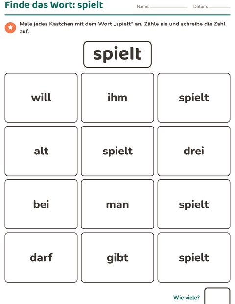Vorschau: Lernwörter-Arbeitsblatt für Kindergarten