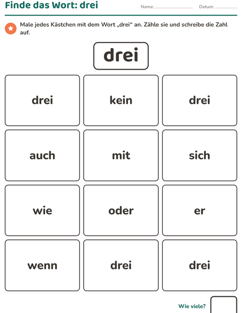 Vorschau: Lernwörter-Arbeitsblatt für Kindergarten
