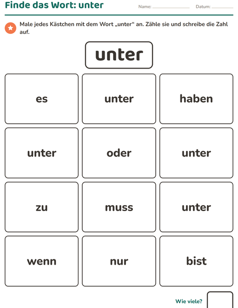 Vorschau: Lernwörter-Arbeitsblatt für Kindergarten