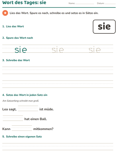 Vorschau: Lernwörter-Arbeitsblatt für Kindergarten