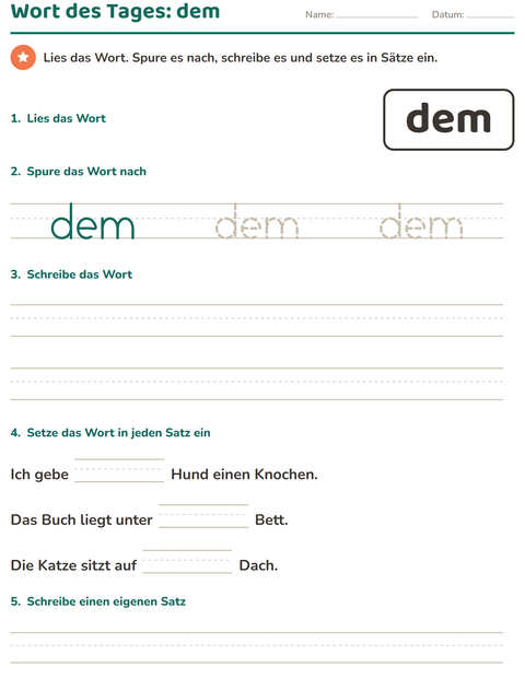 Vorschau: Lernwörter-Arbeitsblatt für Kindergarten