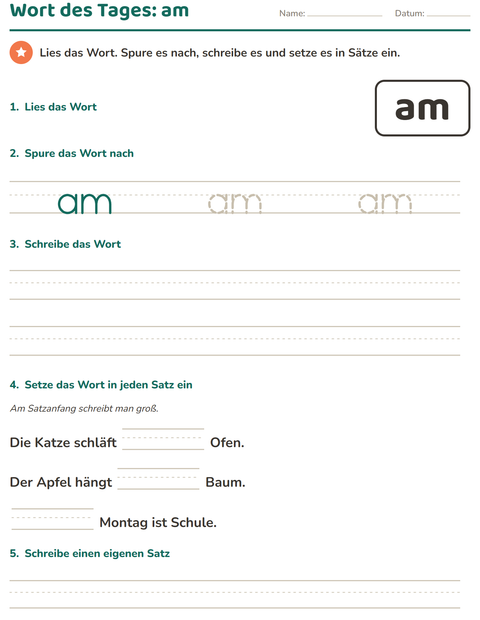 Vorschau: Lernwörter-Arbeitsblatt für Kindergarten