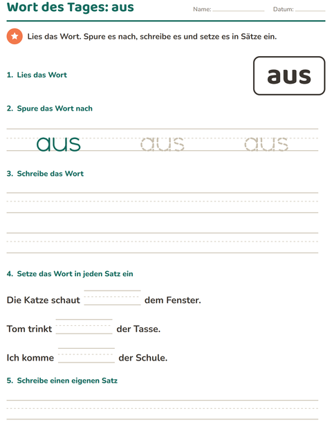 Vorschau: Lernwörter-Arbeitsblatt für Kindergarten