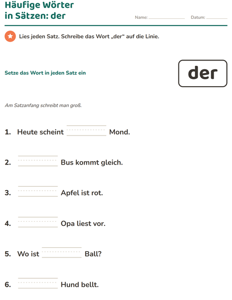 Vorschau: Lernwörter-Arbeitsblatt für Kindergarten