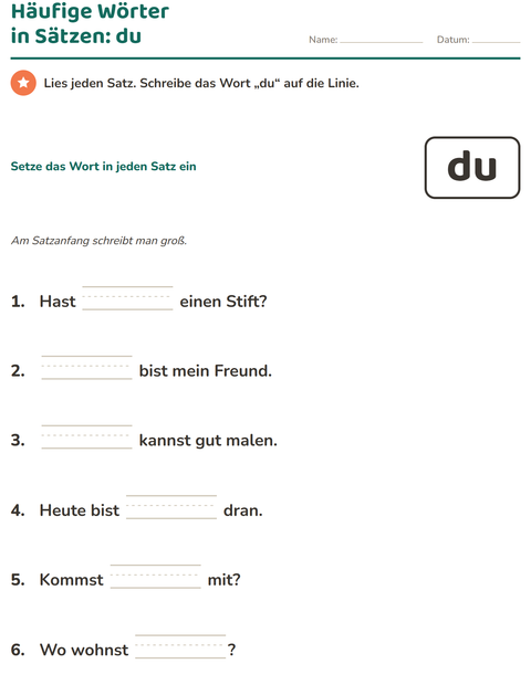 Vorschau: Lernwörter-Arbeitsblatt für Kindergarten