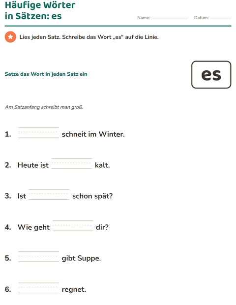 Vorschau: Lernwörter-Arbeitsblatt für Kindergarten