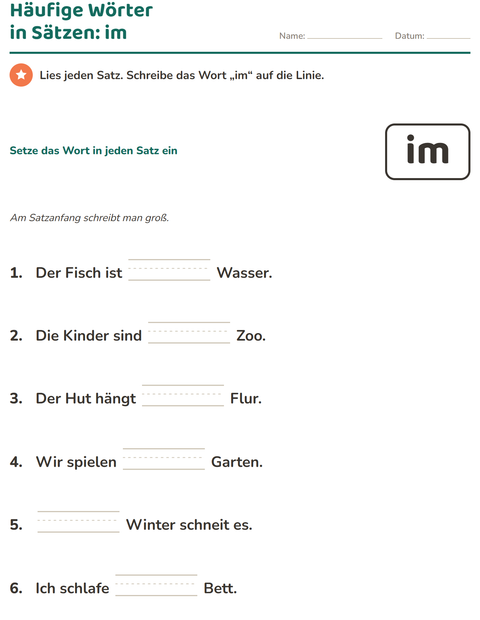 Vorschau: Lernwörter-Arbeitsblatt für Kindergarten