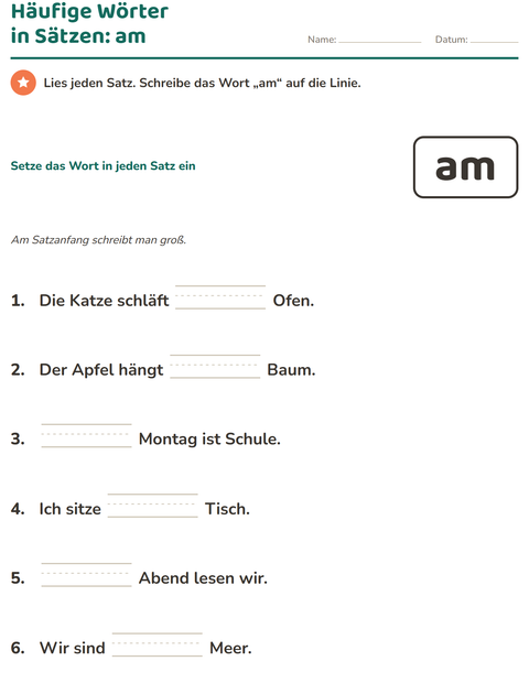 Vorschau: Lernwörter-Arbeitsblatt für Kindergarten