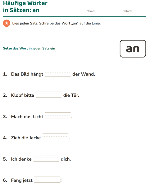 Vorschau: Lernwörter-Arbeitsblatt für Kindergarten