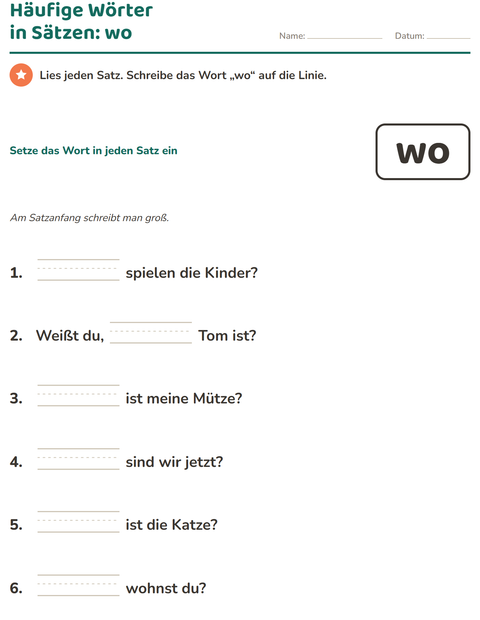Vorschau: Lernwörter-Arbeitsblatt für Kindergarten