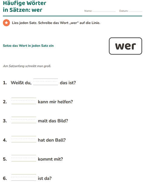 Vorschau: Lernwörter-Arbeitsblatt für Kindergarten