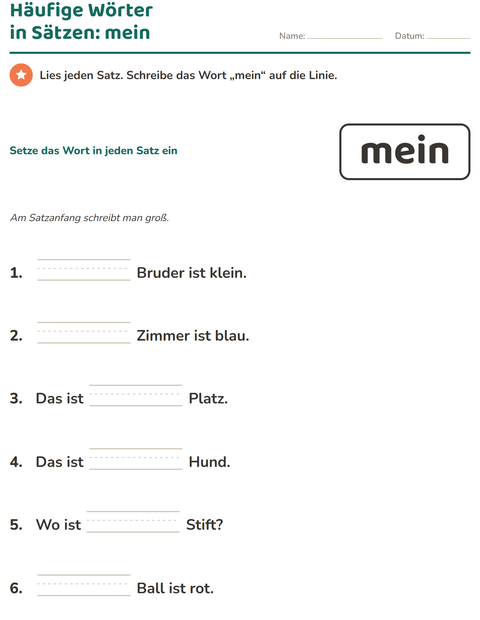 Vorschau: Lernwörter-Arbeitsblatt für Kindergarten