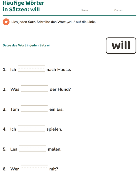 Vorschau: Lernwörter-Arbeitsblatt für Kindergarten