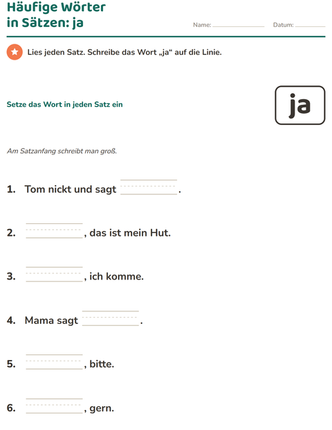 Vorschau: Lernwörter-Arbeitsblatt für Kindergarten