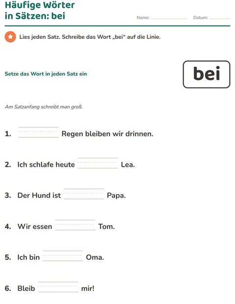 Vorschau: Lernwörter-Arbeitsblatt für Kindergarten