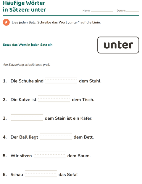 Vorschau: Lernwörter-Arbeitsblatt für Kindergarten